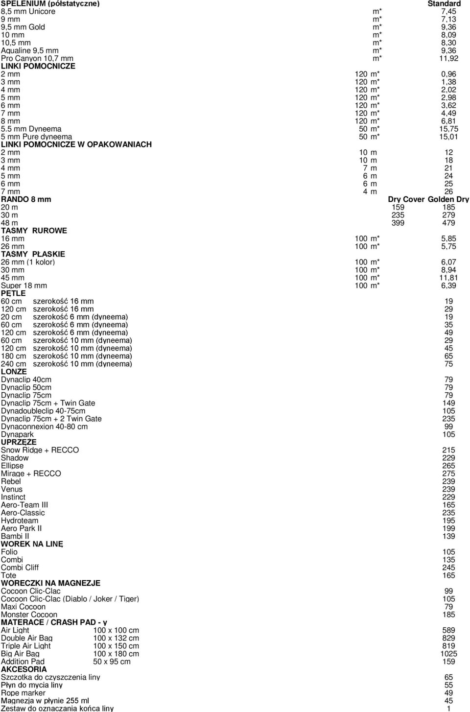 5 mm Dyneema 50 m* 15,75 5 mm Pure dyneema 50 m* 15,01 LINKI POMOCNICZE W OPAKOWANIACH 2 mm 10 m 12 3 mm 10 m 18 4 mm 7 m 21 5 mm 6 m 24 6 mm 6 m 25 7 mm 4 m 26 RANDO 8 mm Dry Cover Golden Dry 20 m
