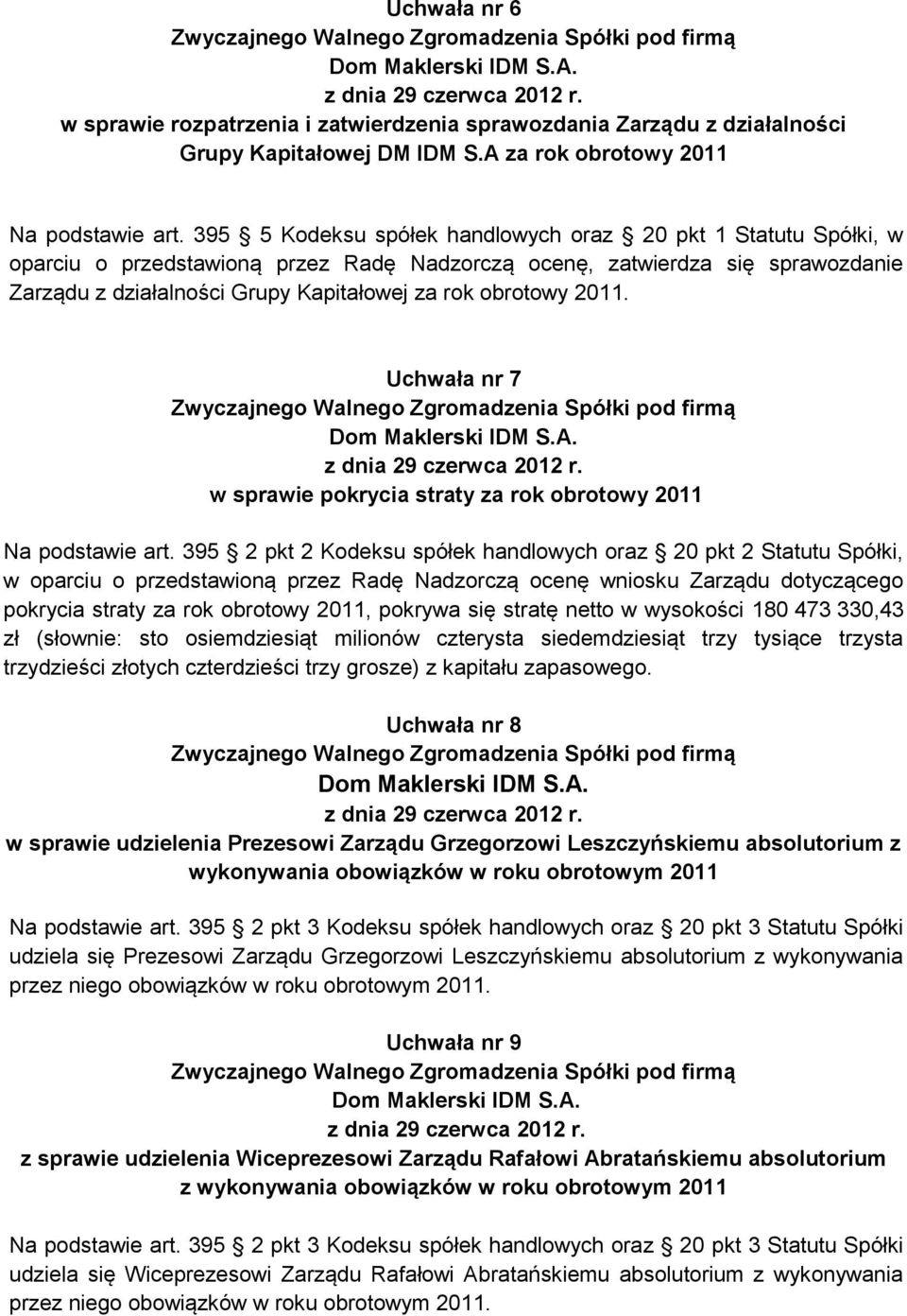 obrotowy 2011. Uchwała nr 7 w sprawie pokrycia straty za rok obrotowy 2011 Na podstawie art.