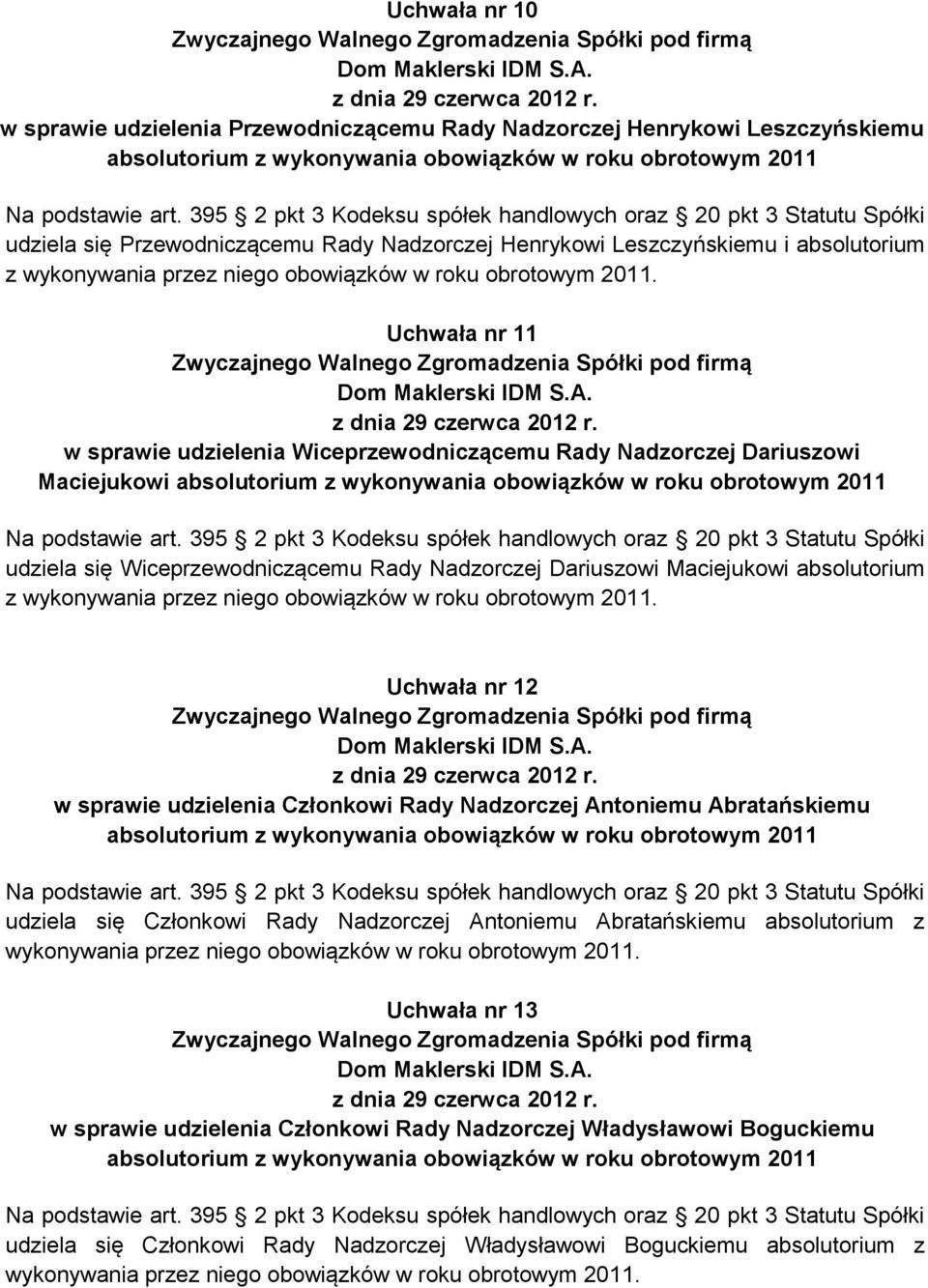 absolutorium z wykonywania Uchwała nr 12 w sprawie udzielenia Członkowi Rady Nadzorczej Antoniemu Abratańskiemu udziela się Członkowi Rady Nadzorczej Antoniemu Abratańskiemu