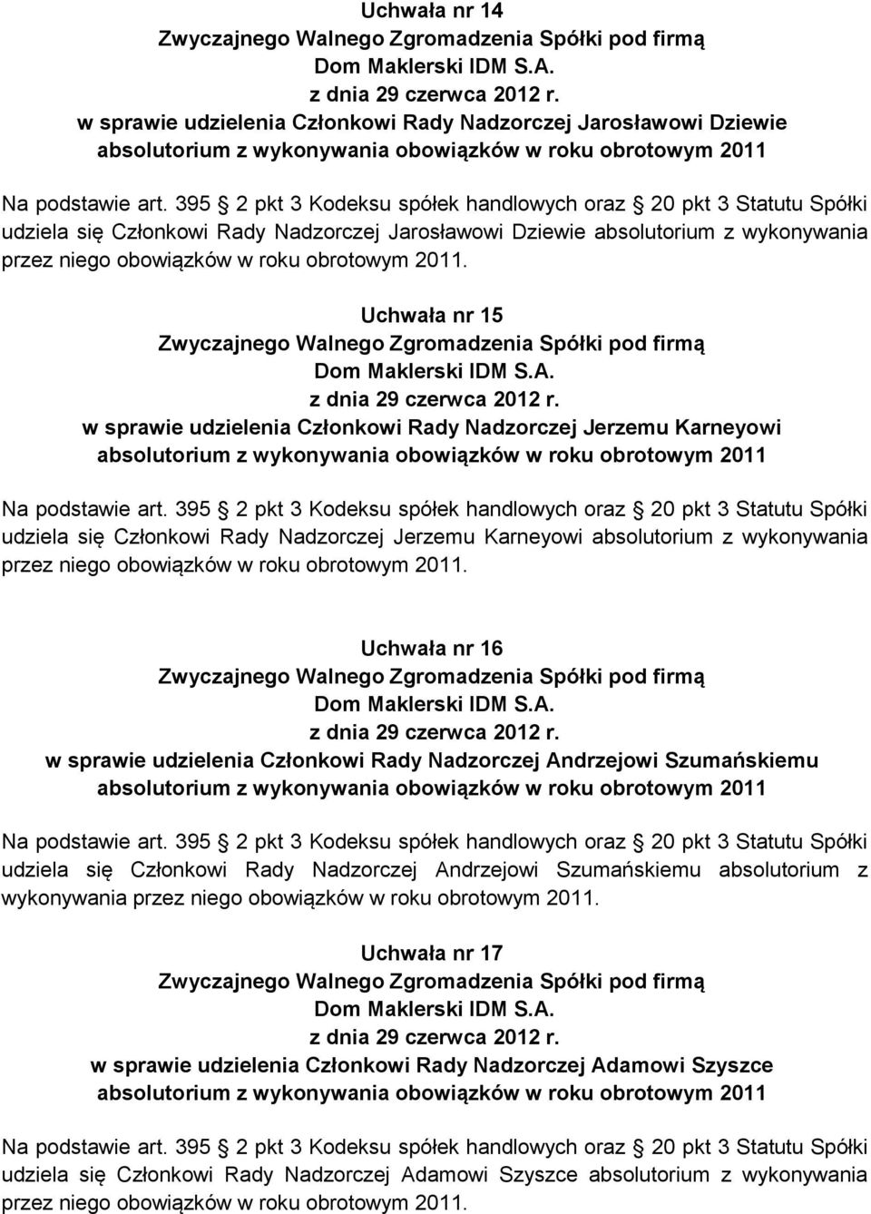 wykonywania Uchwała nr 16 w sprawie udzielenia Członkowi Rady Nadzorczej Andrzejowi Szumańskiemu udziela się Członkowi Rady Nadzorczej Andrzejowi Szumańskiemu