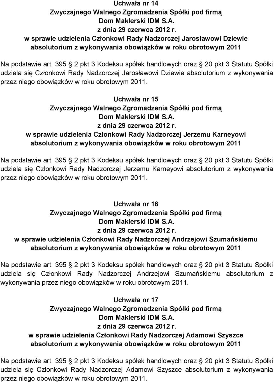 wykonywania Uchwała nr 16 w sprawie udzielenia Członkowi Rady Nadzorczej Andrzejowi Szumańskiemu udziela się Członkowi Rady Nadzorczej Andrzejowi Szumańskiemu