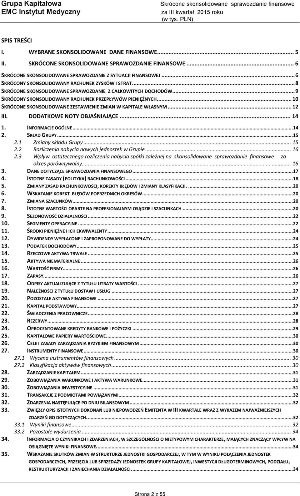 .. 10 SKRÓCONE SKONSOLIDOWANE ZESTAWIENIE ZMIAN W KAPITALE WŁASNYM... 12 III. DODATKOWE NOTY OBJAŚNIAJĄCE... 14 1. INFORMACJE OGÓLNE... 14 2. SKŁAD GRUPY... 15 2.