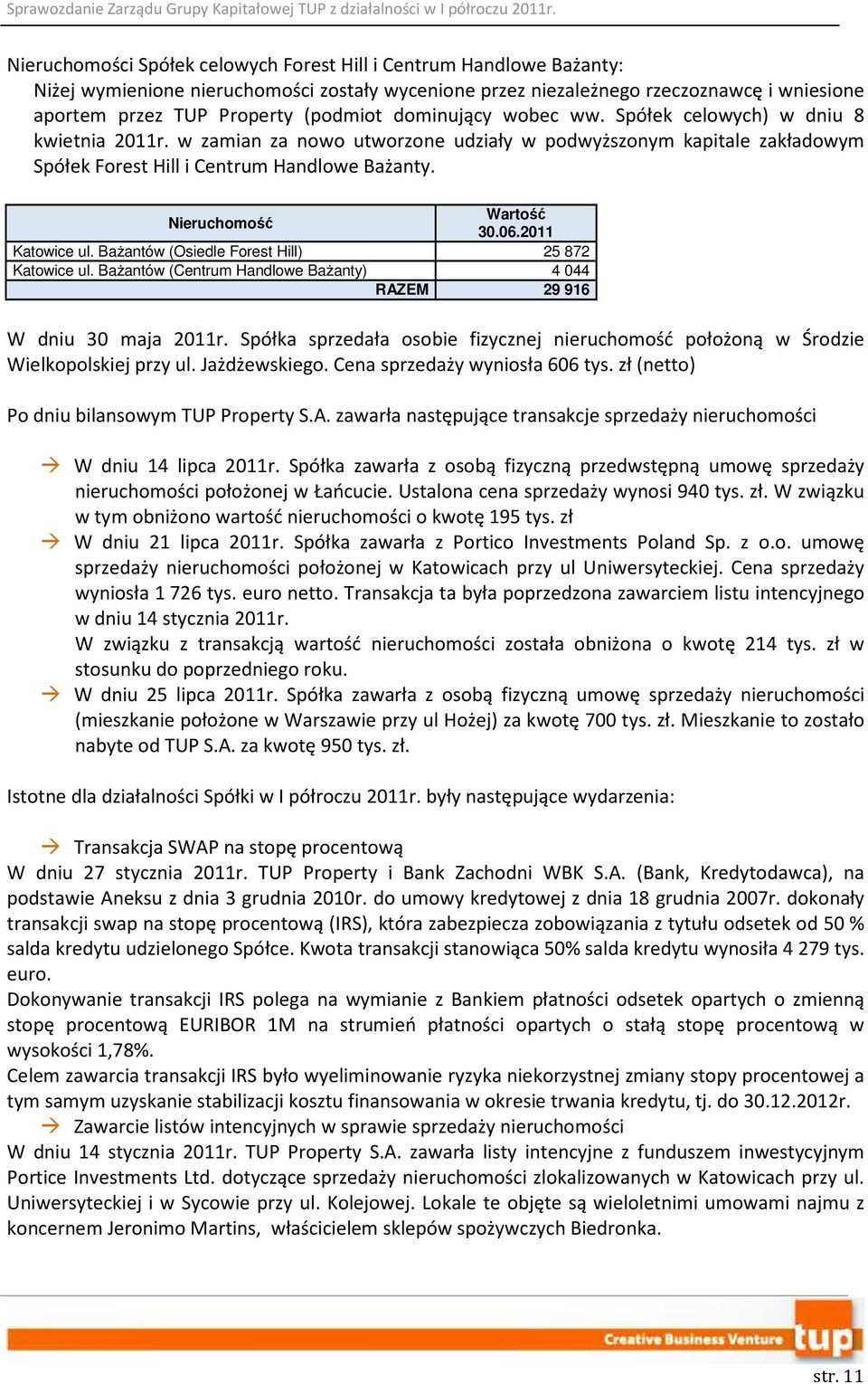 Nieruchomość Wartość 30.06.2011 Katowice ul. Bażantów (Osiedle Forest Hill) 25 872 Katowice ul. Bażantów (Centrum Handlowe Bażanty) 4 044 RAZEM 29 916 W dniu 30 maja 2011r.