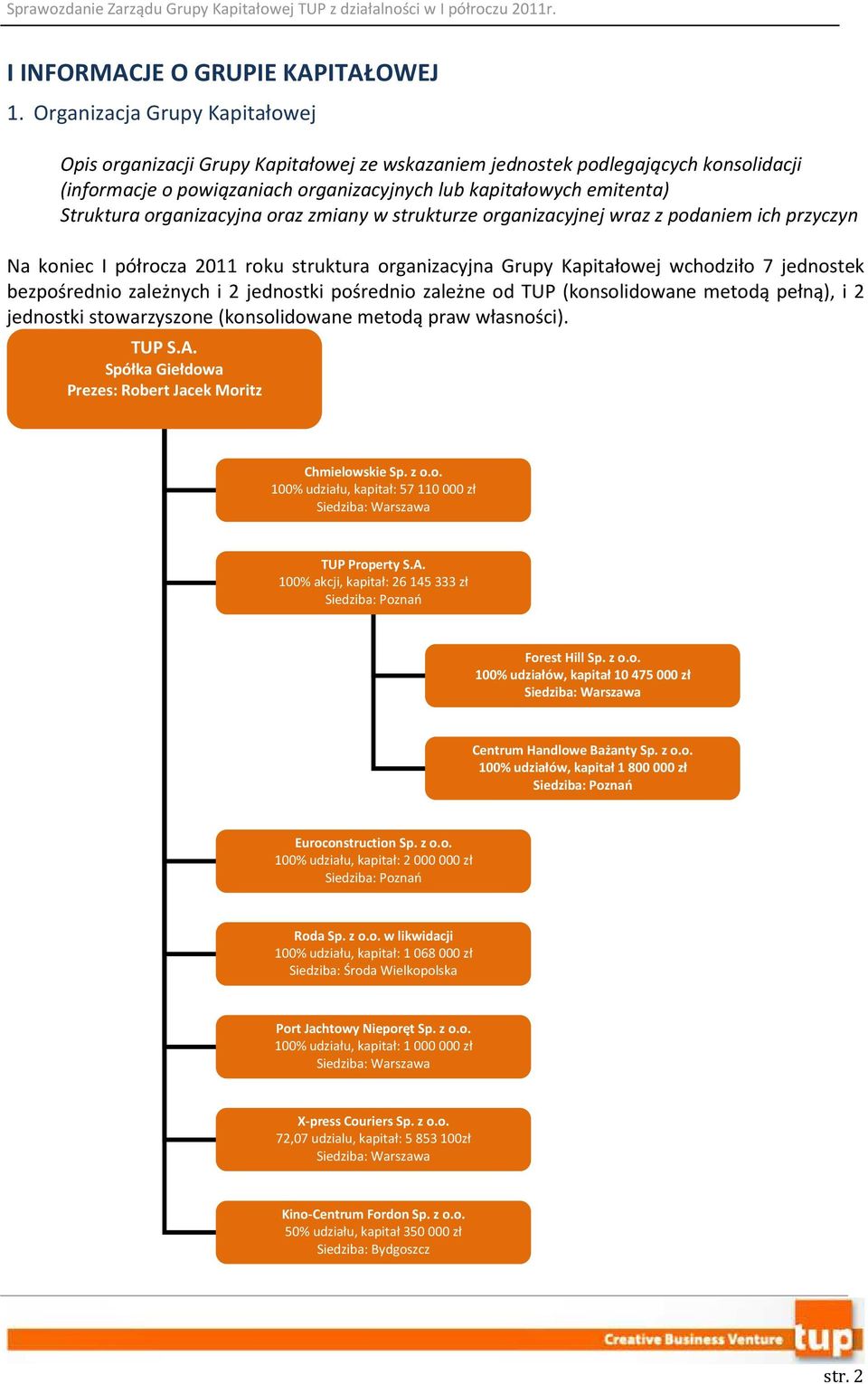organizacyjna oraz zmiany w strukturze organizacyjnej wraz z podaniem ich przyczyn Na koniec I półrocza 2011 roku struktura organizacyjna Grupy Kapitałowej wchodziło 7 jednostek bezpośrednio
