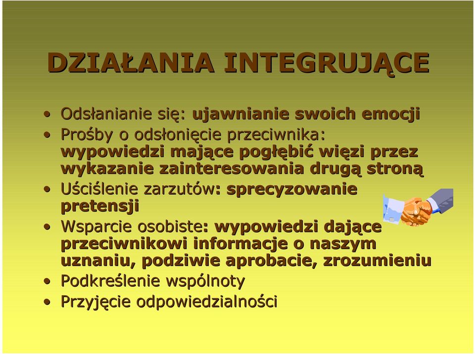 Uściślenie zarzutów: : sprecyzowanie pretensji Wsparcie osobiste: : wypowiedzi dające