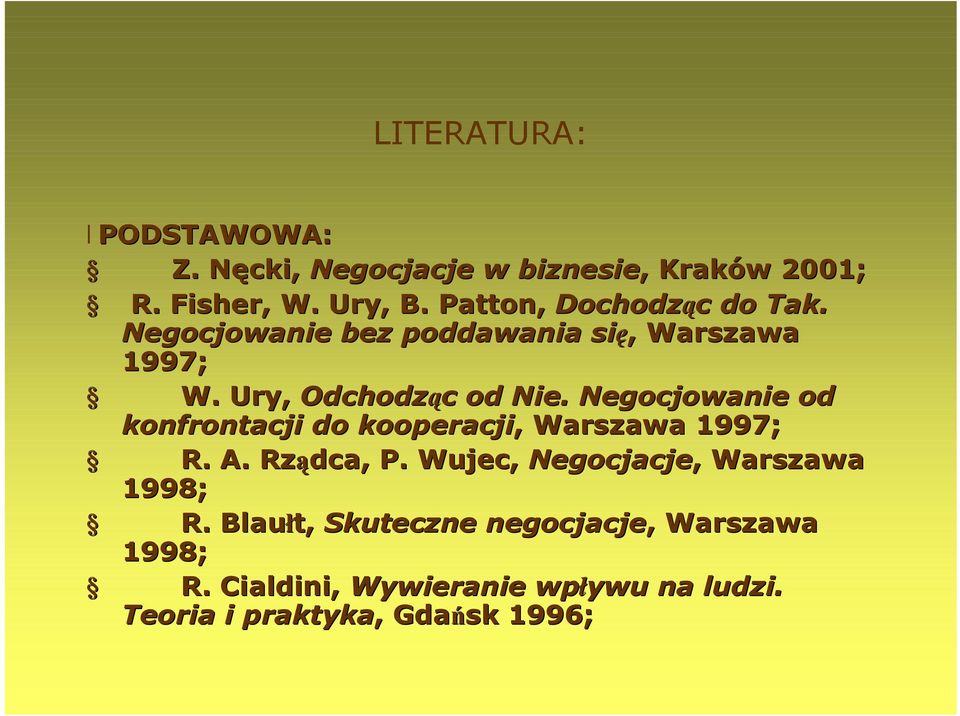 Negocjowanie od konfrontacji do kooperacji,, Warszawa 1997; R. A. Rządca, P.