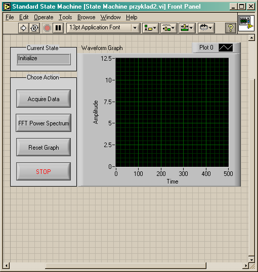 Kolejny przykład cd. 8. Wskaźnik signal out jest wykorzystywany jedynie do przetrzymania danych w aplikacji, tak aby można je było wykorzystać w stanie FFT Power Spectrum.