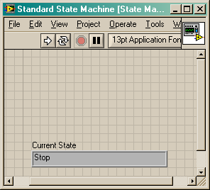 1. Zapisujemy aplikację pod nazwą State Machine przyklad1.vi 2. Wskaźnik obecnego stanu (Current State) umieszczamy wywołując w pętli While na diagramie Create > Indicator.