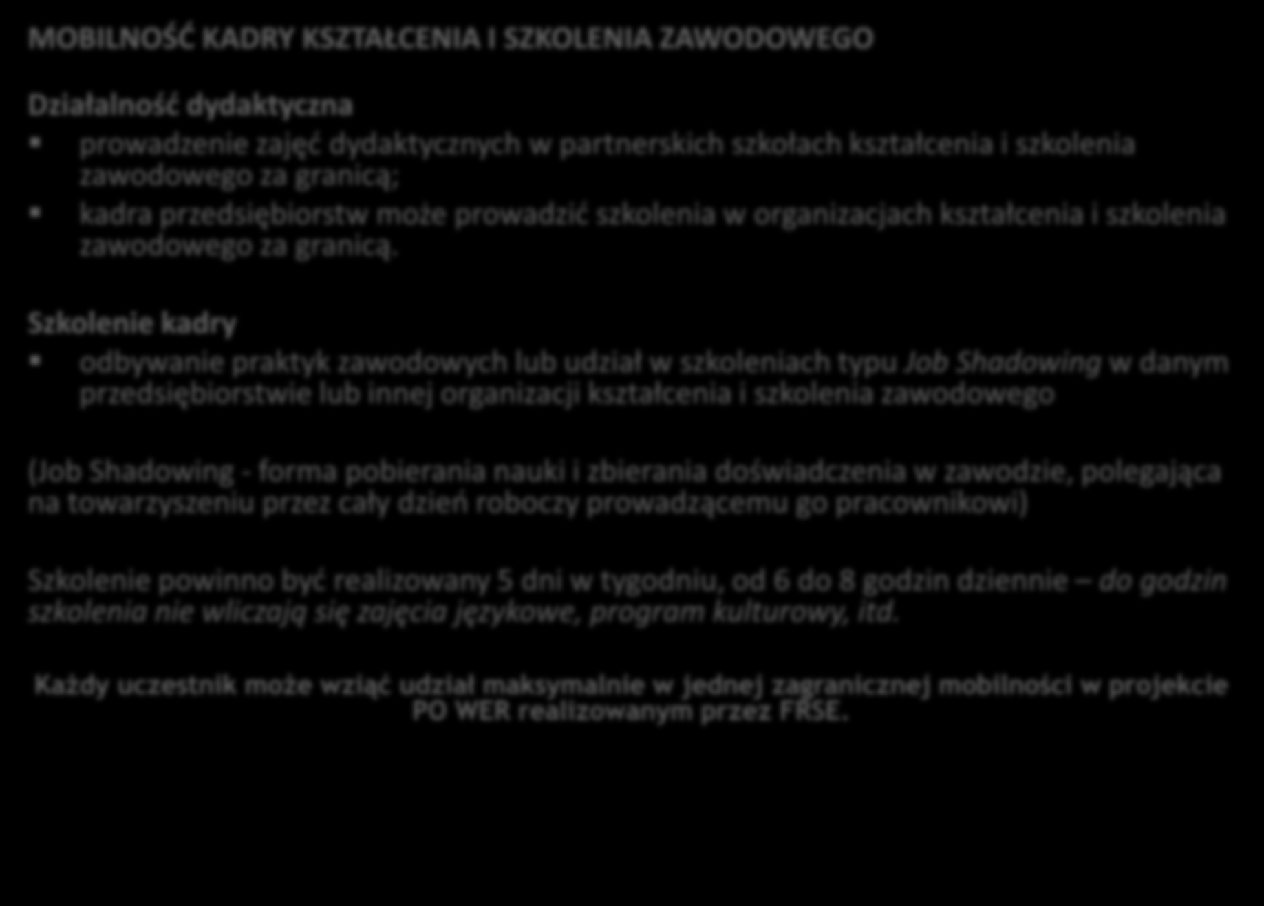 3.5. Realizacja stażu/szkolenia (2/2) MOBILNOŚĆ KADRY KSZTAŁCENIA I SZKOLENIA ZAWODOWEGO Działalność dydaktyczna prowadzenie zajęć dydaktycznych w partnerskich szkołach kształcenia i szkolenia