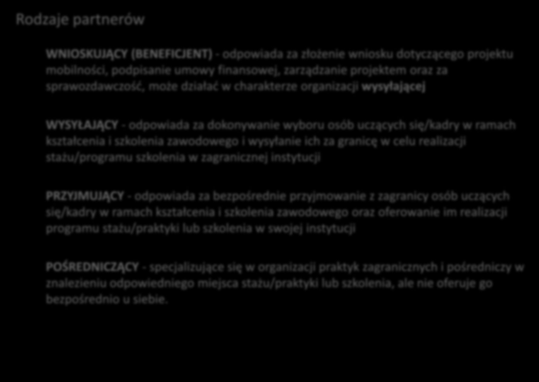 3.1. Współpraca z partnerem/ami (1/2) Rodzaje partnerów WNIOSKUJĄCY (BENEFICJENT) - odpowiada za złożenie wniosku dotyczącego projektu mobilności, podpisanie umowy finansowej, zarządzanie projektem