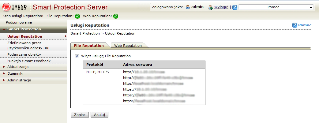 Korzystanie z serwera Smart Protection Server Procedura 1. Przejdź do menu Smart Protection > Usługi Reputation Services, a następnie do karty Usługa File Reputation. 2.