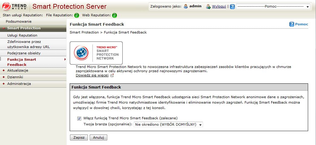 Podręcznik administratora programu Trend Micro Smart Protection Server 3.1 3. Wybierz branżę. 4. Kliknij Zapisz.