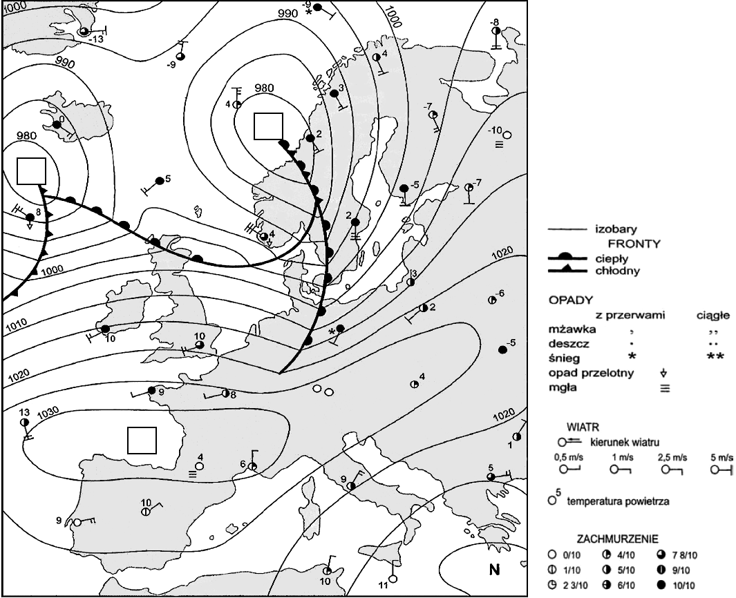 Zadanie 24. 0 5 p. Na mapie przedstawiono pogodę w Europie w wybranym dniu. Na podstawie mapy i własnej wiedzy wykonaj polecenia.