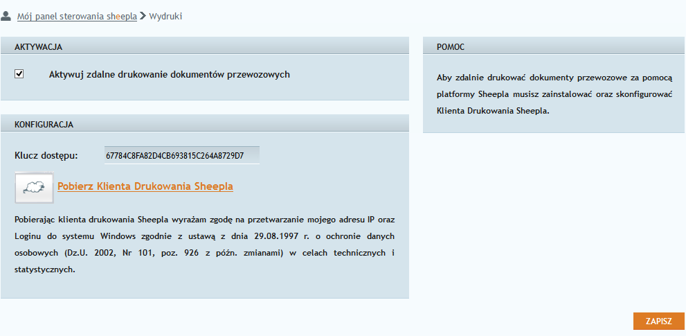 8. Drukowanie dokumentów przewozowych Drukowanie dokumentów przewozowych można wykonać na dwa sposoby poprzez aplikację Sheepla Desktop App 2.0 oraz poprzez Sheepla Zebra Client.