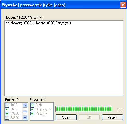 C2 25 DTR.PC.PR.SG.MODBUS W otwartym oknie należy skonfigurować parametry wyszukiwania przetwornika związane z prawdopodobnymi ustawieniami transmisji.