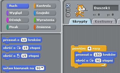 Napiszmy pierwszy skrypt, niech duszek narysuje kwadrat. Skorzystamy z bloczków z dwóch kategorii: Kontrola i Ruch.