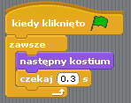 Druga zakładka Kostiumy służy do edytowania (dodawania, usuwania, poprawiania) kostiumów duszka. Domyślny duszek-kot ma dwa kostiumy.