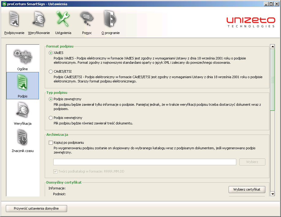 Rysunek 8: Zakładka Ustawienia Podpis część dotycząca Formatu podpisu, Typu podpisu i ustawień Archiwizacji Możemy określić następujące parametry: Format podpisu: XAdES Podpis elektroniczny w