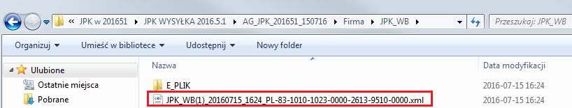 Rysunek 3 Nazwa pliku JPK_WB rozbudowana o numer rachunku bankowego 1.