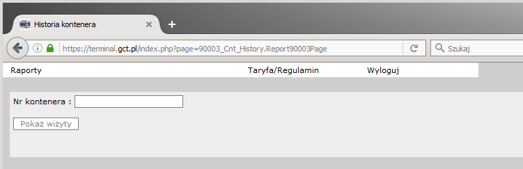 1. Historia kontenera Funkcja Historia kontenera pozwala na sprawdzenie wizyt kontenera na terminalu GCT oraz wyświetlenie szczegółowej karty kontenera.