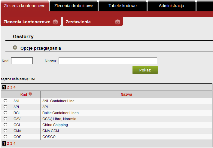 Opcja Kody zatrzymań zawiera zestawienie wszystkich kodów zatrzymań dostępnych w systemie. Opcja pozwala jedynie na przeglądanie kodów zatrzymań oraz ich nazw.