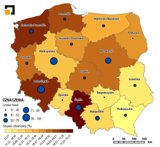 Miasta dolnośląskie Liczba miast oraz stopień urbanizacji w województwach w 2009 r. W skali kraju województwo dolnośląskie znajduje się w czołówce pod względem stopnia urbanizacji.