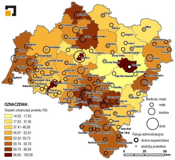 Miasta dolnośląskie Stopień urbanizacji powiatów w województwie dolnośląskim w 2009 r.
