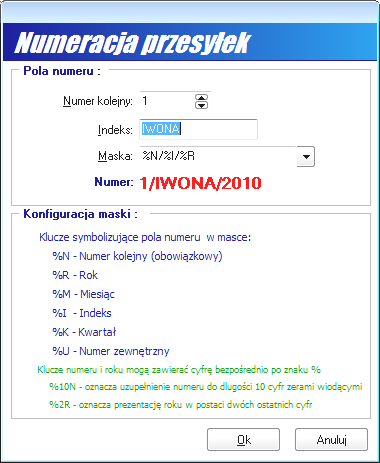 lania formatu numeracji w wyświetlonym oknie Numeracja przesyłek.