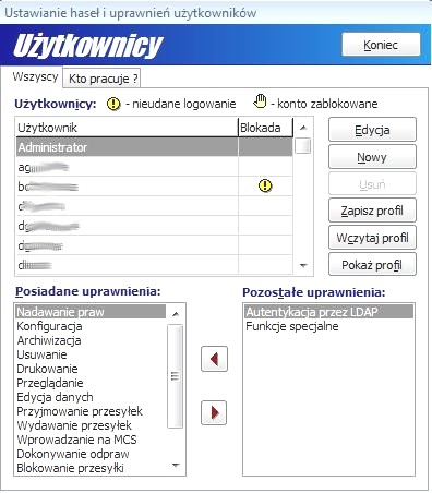 6. Hasła, uprawnienia i logowanie użytkowników. W menu Opcje znajduje się funkcja Hasła i uprawnienia. Pozwala ona na zarządzanie dostępem użytkowników do programu oraz jego danych.