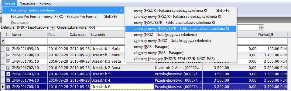 Wystawianie kolejnej faktury zaliczkowej Wystawianie faktur zbiorczych Jeżeli jeden kontrahent zgłosił na szkolenie kilka osób, wówczas istnieje możliwość wystawienia jednej zbiorczej faktury zamiast