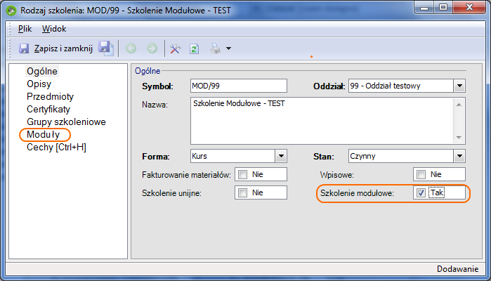 Dodatki Szkolenia modułowe Szkolenia modułowe są szczególnym typem szkoleń, których program składa się z kilku sekcji. W enova zaproponowano poniższy sposób rejestrowania takich szkoleń.