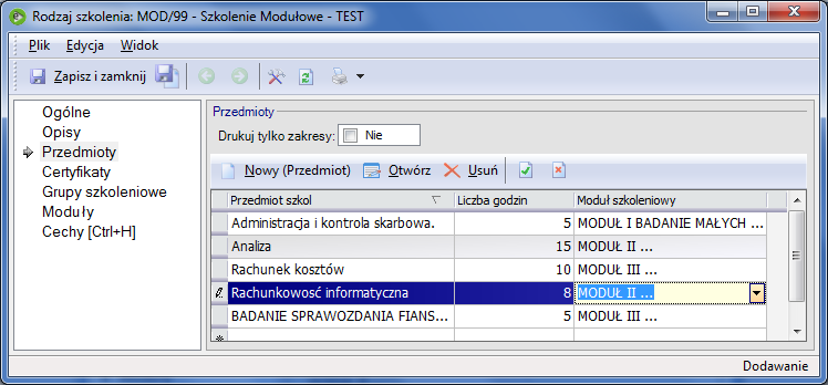 Zakładka Moduły Zmiany widoczne są też na zakładce Przedmioty. Tutaj obok każdego przedmiotu, należy zaznaczyć moduł, którego on dotyczy.