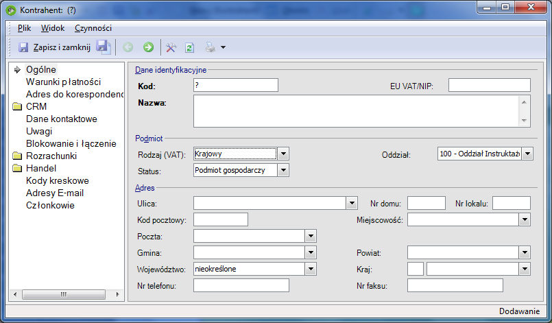 Oddział oddział firmy W dolnej części formularza znajdują się pola umożliwiające zapisanie danych adresowych. Formularz kontrahenta Na zakładce Warunki płatności można ustalić m.in.
