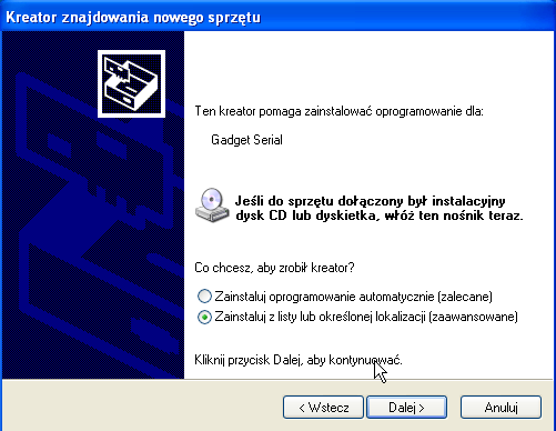 21. Dodatek A Instalacja sterowników Gadget Serial do komunikacji z komputerem PC i programem CardioTEKA w systemie Windows XP (32 bity) Po podłączeniu aparatu z komputerem PC poprzez kabel USB A-B