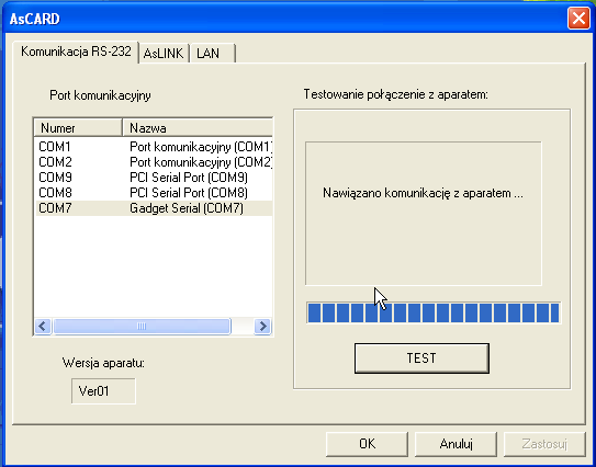 AsCARD Blue3 wybierając w menu głównym pozycję <Ustawienia>, następnie <AsCARD>. Na ekranie zostanie wyświetlone okno z listą dostępnych portów komunikacyjnych COM słuŝących do łączności z aparatami.