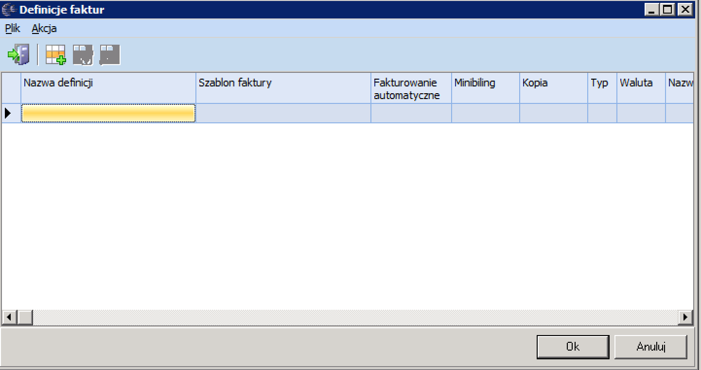 Na tym ekranie wybieramy przyciskiem definicję faktury.
