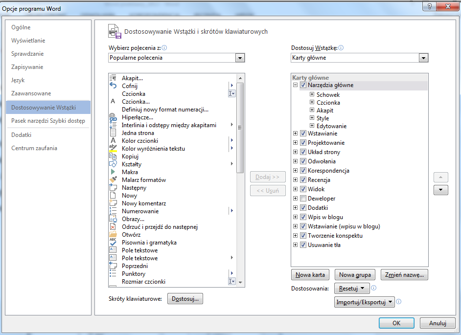 Word 2013 pozwala na dostosowywanie Wstążki do własnych potrzeb.