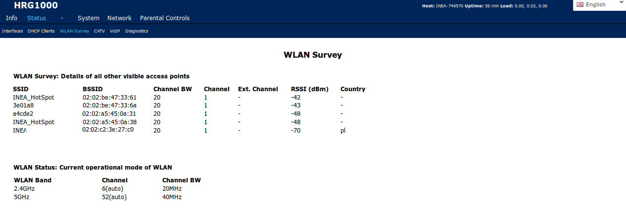 LAN status sieci lokalnej WLAN status sieci bezprzewodowej 2,4GHz 5GHz WLAN status sieci bezprzewodowej 5GHz W tym miejscu wyświetlane są parametry interfejsów sieciowych skonfigurowanych na