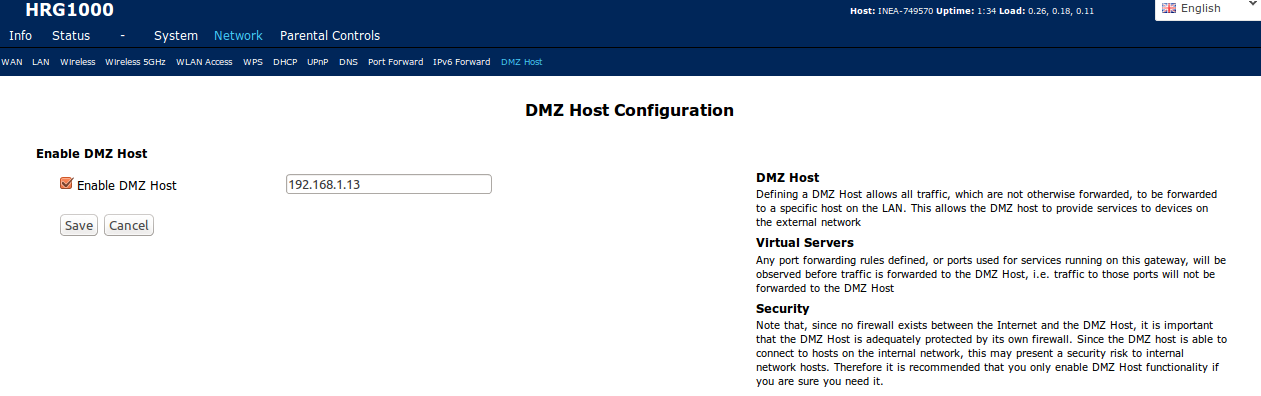 4.4.11 Network IPv6 Forward Zakładka umożliwia ustawienie przekierowania portów publicznych na lokalne (IPv6). 4.4.12 Network DMZ Zakładka pozwala na dodanie adresu IP hosta lokalnego do strefy DMZ ( Demilitarized zone ).