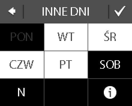 9. Nacisnąć, aby potwierdzić okresy temperatury komfortowej. Zostanie wyświetlony ekran, który umożliwia skopiowanie nastawionych okresów temperatury komfortowej na inne dni tygodnia. 10.