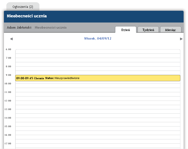 Rysunek 33: Widok dnia z naniesionymi nieobecnościami Oprócz widoku miesiąca i dnia, jest widok tygodniowy.
