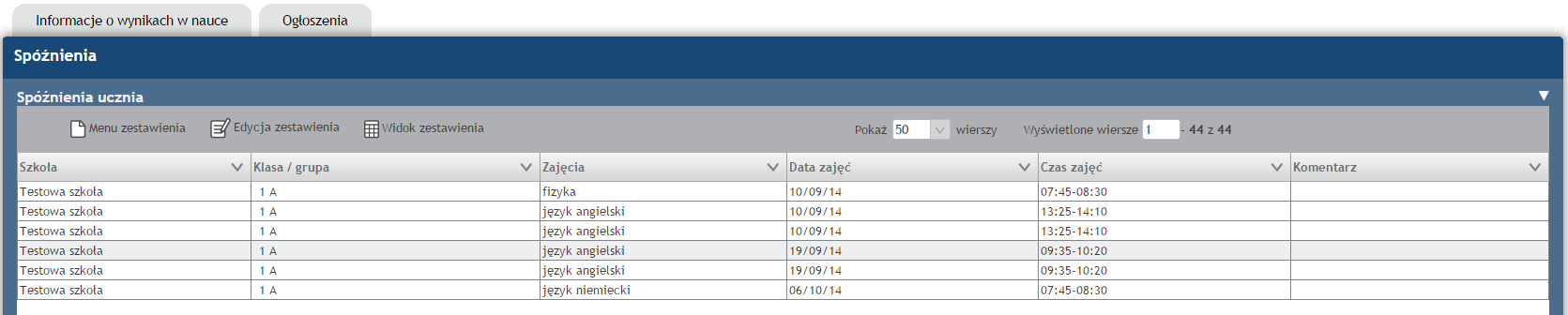 Rysunek 40: Widok tygodniowy nieobecności ucznia 19.