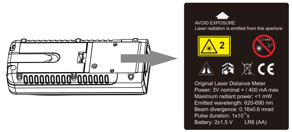 Urządzenie jest wyposażone w diodę laserową Klasy drugiej (wg normy IEC60825-1:2007), emitująca światło widzialne. Nie należy patrzyć się bezpośrednio na promień laserowy.