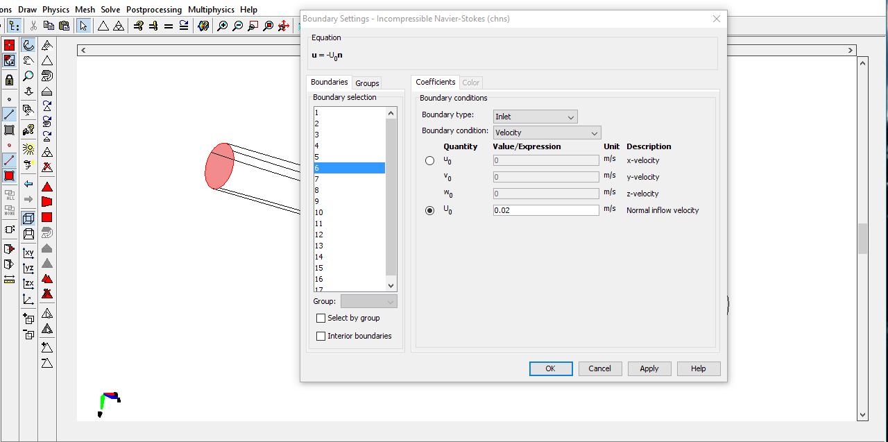 Na początku należało wprowadzić do programu COMSOL parametry przepływającej w naczyniu krwi Rys.