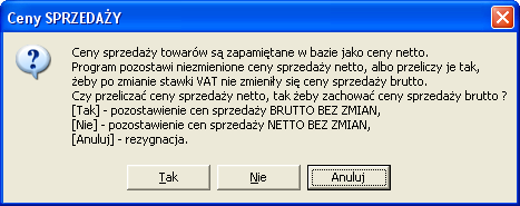 34 Rys. 52 Następnie decydujemy które ceny i w jaki sposób mają zostać zmienione. Możemy zdecydować czy zmiana stawki wpłynie na ceny netto czy brutto zarówno w cenach zakupu i sprzedaży (Rys.