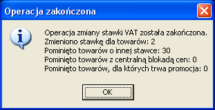 35 Rys. 55 Musimy zaakceptować w celu uruchomienia funkcji zmiany stawek podatku. Po poprawnym wykonaniu operacji otrzymamy komunikat(rys.56). Rys. 56 Jeśli wszystko zakończyło się zgodnie z naszymi oczekiwaniami możemy przystąpić do zmiany kolejnych stawek podatku.