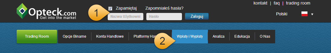 Aby zasilić konto należy najpierw zalogować się na platformie Opteck a następnie kliknąć na przycisk Wpłata znajdujący się po prawej stronie.