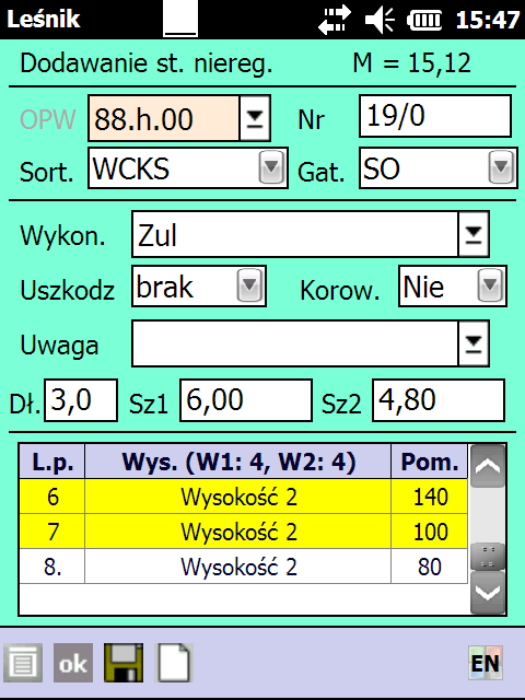 o Szerokość 1 szerokość stosu mierzona wzdłuż dolnej krawędzi od strony odziomka, w metrach, z dokładnością do dwóch miejsc po przecinku o Szerokość 2 szerokość stosu mierzona wzdłuż dolnej krawędzi