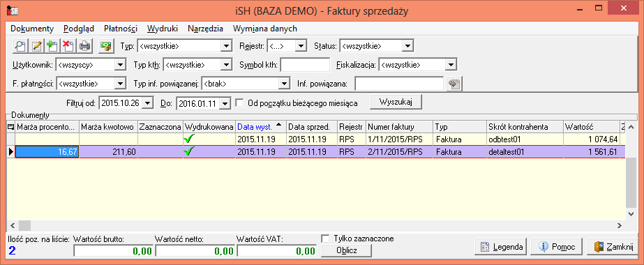 Marża kwotowa i procentowa jako kolumny na liście faktur/paragonów Dotychczas informacja o wysokości marży kwotowej i procentowej dla całości dokumentu była wyświetlana pod listą pozycji podczas