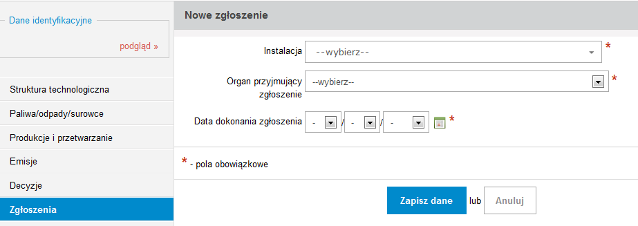 Aby WPROWADZID DANE DOTYCZĄCE NOWEGO ZGŁOSZENIA należy w oknie LISTA ZGŁOSZEO wcisnąd przycisk Dodaj zgłoszenie. Pojawi się wówczas formularz wprowadzania danych dotyczących zgłoszenia.